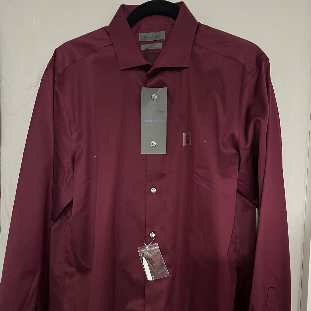 Calvin Klein Burgundy Dress Shirt;  New with Tags.  Large. 16.5 34/35.